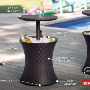 Keter Pacific Cool Bar Outdoor Patio Furniture and Hot Tub Side Table with 7.5 Gallon Beer and Wine Cooler, Espresso Brown