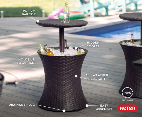 Keter Pacific Cool Bar Outdoor Patio Furniture and Hot Tub Side Table with 7.5 Gallon Beer and Wine Cooler, Espresso Brown