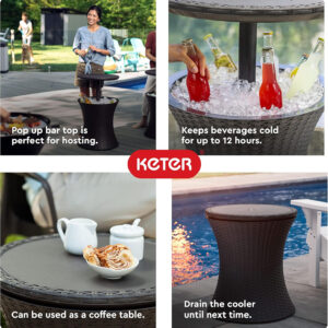 Keter Pacific Cool Bar Outdoor Patio Furniture and Hot Tub Side Table with 7.5 Gallon Beer and Wine Cooler, Espresso Brown