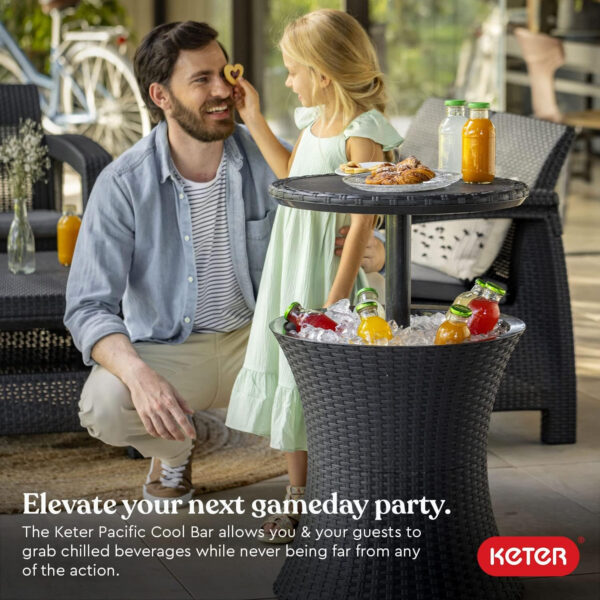 Keter Pacific Cool Bar Outdoor Patio Furniture and Hot Tub Side Table with 7.5 Gallon Beer and Wine Cooler, Espresso Brown