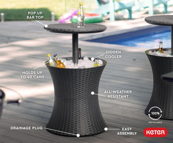 Keter Pacific Cool Bar Outdoor Patio Furniture and Hot Tub Side Table with 7.5 Gallon Beer and Wine Cooler, Espresso Brown