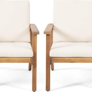 Christopher Knight Home Carlos Outdoor Acacia Wood Club Chairs with Cushions (Set of 2), Brown Patina Finish, Cream