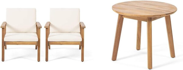 Christopher Knight Home Carlos Outdoor Acacia Wood Club Chairs with Cushions (Set of 2), Brown Patina Finish, Cream