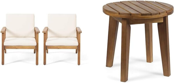 Christopher Knight Home Carlos Outdoor Acacia Wood Club Chairs with Cushions (Set of 2), Brown Patina Finish, Cream