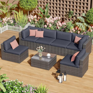 7-Piece Modular Patio Furniture Set, Wicker Outdoor Sectional Sofa with Cushions and Coffee Table, All Weather Patio Conversation Sets for Porch Balcony Backyard, Grey