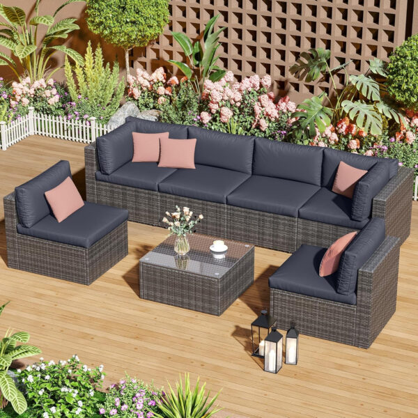 7-Piece Modular Patio Furniture Set, Wicker Outdoor Sectional Sofa with Cushions and Coffee Table, All Weather Patio Conversation Sets for Porch Balcony Backyard, Grey