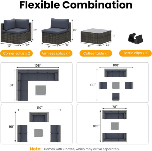 7-Piece Modular Patio Furniture Set, Wicker Outdoor Sectional Sofa with Cushions and Coffee Table, All Weather Patio Conversation Sets for Porch Balcony Backyard, Grey