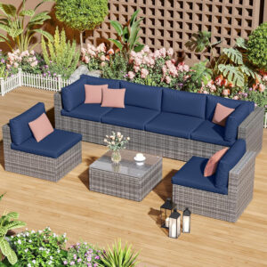 7-Piece Modular Patio Furniture Set, Wicker Outdoor Sectional Sofa with Cushions and Coffee Table, All Weather Patio Conversation Sets for Porch Balcony Backyard, Grey