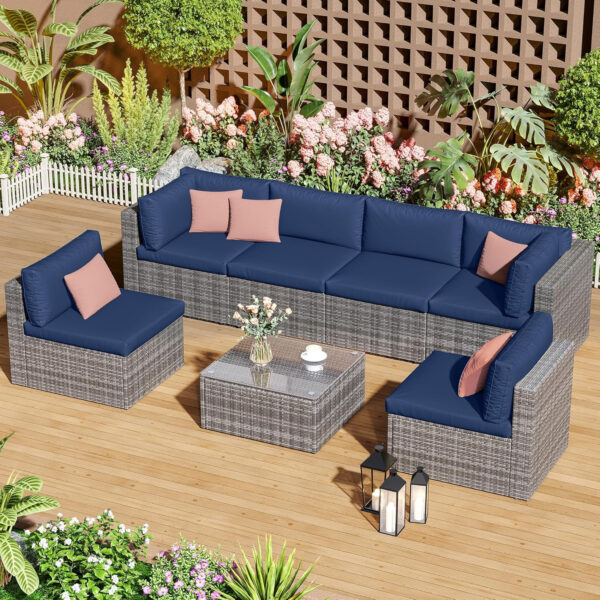 7-Piece Modular Patio Furniture Set, Wicker Outdoor Sectional Sofa with Cushions and Coffee Table, All Weather Patio Conversation Sets for Porch Balcony Backyard, Grey