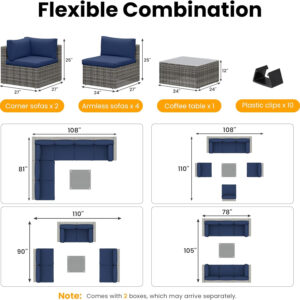 7-Piece Modular Patio Furniture Set, Wicker Outdoor Sectional Sofa with Cushions and Coffee Table, All Weather Patio Conversation Sets for Porch Balcony Backyard, Grey