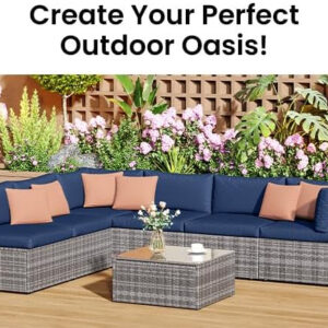 7-Piece Modular Patio Furniture Set, Wicker Outdoor Sectional Sofa with Cushions and Coffee Table, All Weather Patio Conversation Sets for Porch Balcony Backyard, Grey