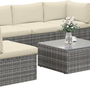 7-Piece Modular Patio Furniture Set, Wicker Outdoor Sectional Sofa with Cushions and Coffee Table, All Weather Patio Conversation Sets for Porch Balcony Backyard, Grey