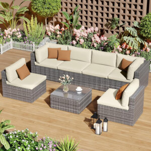 7-Piece Modular Patio Furniture Set, Wicker Outdoor Sectional Sofa with Cushions and Coffee Table, All Weather Patio Conversation Sets for Porch Balcony Backyard, Grey