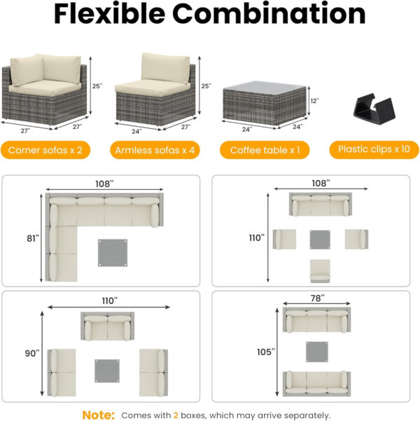 7-Piece Modular Patio Furniture Set, Wicker Outdoor Sectional Sofa with Cushions and Coffee Table, All Weather Patio Conversation Sets for Porch Balcony Backyard, Grey