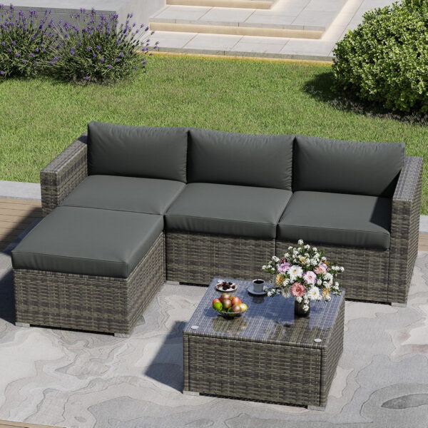 7-Piece Modular Patio Furniture Set, Wicker Outdoor Sectional Sofa with Cushions and Coffee Table, All Weather Patio Conversation Sets for Porch Balcony Backyard, Grey