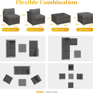 7-Piece Modular Patio Furniture Set, Wicker Outdoor Sectional Sofa with Cushions and Coffee Table, All Weather Patio Conversation Sets for Porch Balcony Backyard, Grey