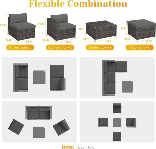 7-Piece Modular Patio Furniture Set, Wicker Outdoor Sectional Sofa with Cushions and Coffee Table, All Weather Patio Conversation Sets for Porch Balcony Backyard, Grey