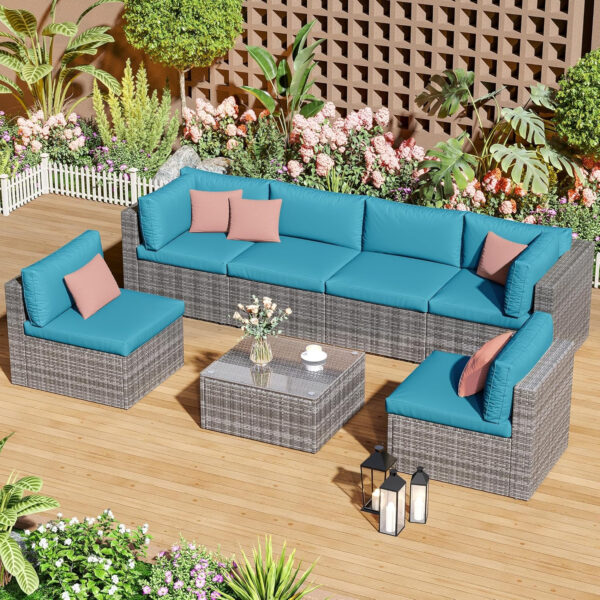 7-Piece Modular Patio Furniture Set, Wicker Outdoor Sectional Sofa with Cushions and Coffee Table, All Weather Patio Conversation Sets for Porch Balcony Backyard, Grey