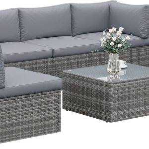 7-Piece Modular Patio Furniture Set, Wicker Outdoor Sectional Sofa with Cushions and Coffee Table, All Weather Patio Conversation Sets for Porch Balcony Backyard, Grey