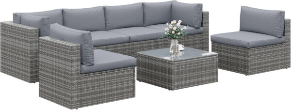 7-Piece Modular Patio Furniture Set, Wicker Outdoor Sectional Sofa with Cushions and Coffee Table, All Weather Patio Conversation Sets for Porch Balcony Backyard, Grey