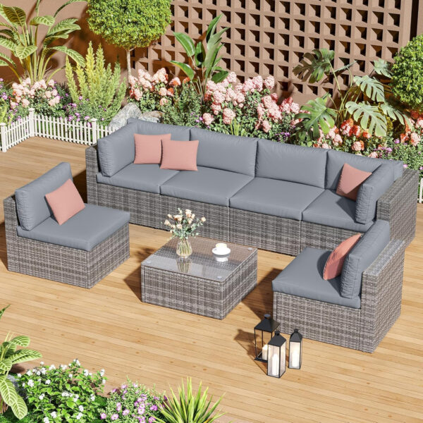 7-Piece Modular Patio Furniture Set, Wicker Outdoor Sectional Sofa with Cushions and Coffee Table, All Weather Patio Conversation Sets for Porch Balcony Backyard, Grey