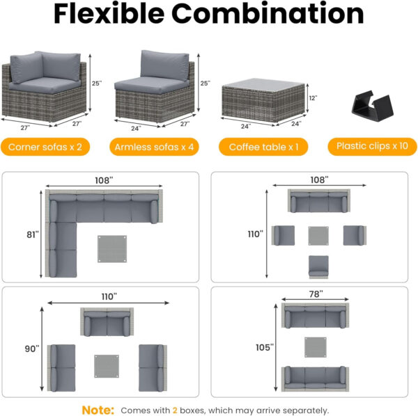 7-Piece Modular Patio Furniture Set, Wicker Outdoor Sectional Sofa with Cushions and Coffee Table, All Weather Patio Conversation Sets for Porch Balcony Backyard, Grey