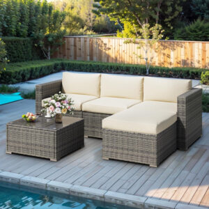 7-Piece Modular Patio Furniture Set, Wicker Outdoor Sectional Sofa with Cushions and Coffee Table, All Weather Patio Conversation Sets for Porch Balcony Backyard, Grey