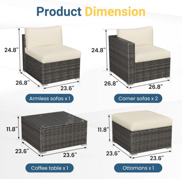 7-Piece Modular Patio Furniture Set, Wicker Outdoor Sectional Sofa with Cushions and Coffee Table, All Weather Patio Conversation Sets for Porch Balcony Backyard, Grey