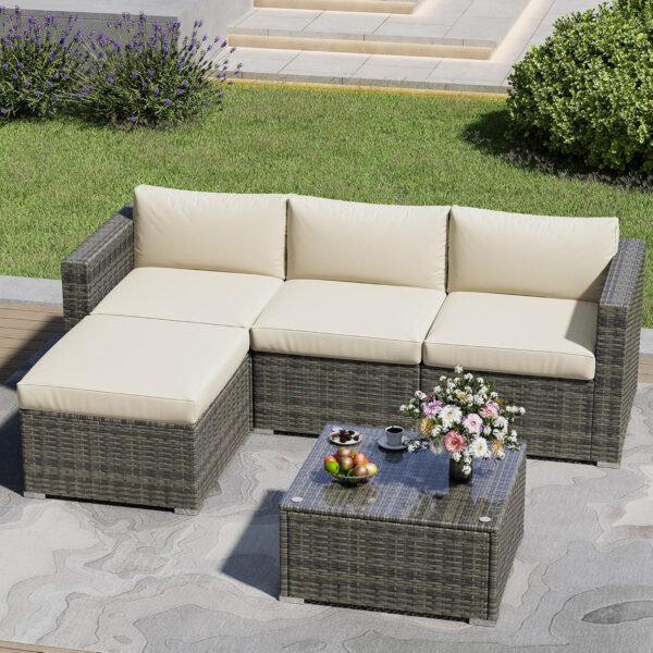 7-Piece Modular Patio Furniture Set, Wicker Outdoor Sectional Sofa with Cushions and Coffee Table, All Weather Patio Conversation Sets for Porch Balcony Backyard, Grey