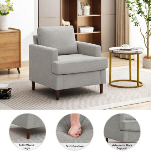 Mid-Century Accent Chair,Modern Linen Fabric Armchair for Living Room,Comfy Upholstered Reading Accent Chairs for Bedroom,Single Sofa Chair with Wood Legs (Light Grey, 1 Pack)