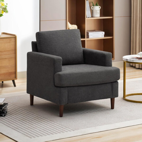 Mid-Century Accent Chair,Modern Linen Fabric Armchair for Living Room,Comfy Upholstered Reading Accent Chairs for Bedroom,Single Sofa Chair with Wood Legs (Light Grey, 1 Pack)