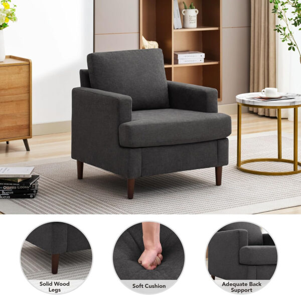 Mid-Century Accent Chair,Modern Linen Fabric Armchair for Living Room,Comfy Upholstered Reading Accent Chairs for Bedroom,Single Sofa Chair with Wood Legs (Light Grey, 1 Pack)