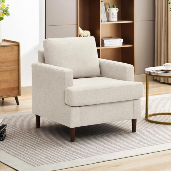 Mid-Century Accent Chair,Modern Linen Fabric Armchair for Living Room,Comfy Upholstered Reading Accent Chairs for Bedroom,Single Sofa Chair with Wood Legs (Light Grey, 1 Pack)