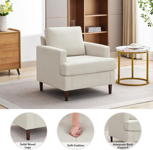 Mid-Century Accent Chair,Modern Linen Fabric Armchair for Living Room,Comfy Upholstered Reading Accent Chairs for Bedroom,Single Sofa Chair with Wood Legs (Light Grey, 1 Pack)