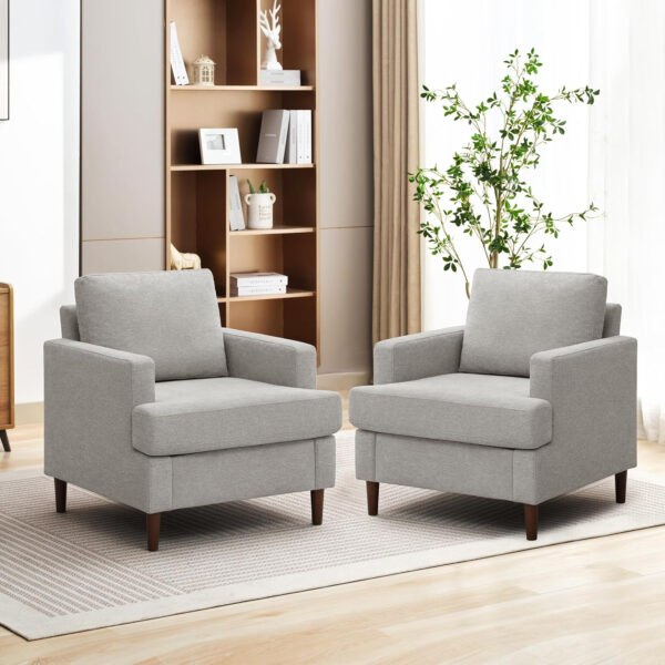 Mid-Century Accent Chair,Modern Linen Fabric Armchair for Living Room,Comfy Upholstered Reading Accent Chairs for Bedroom,Single Sofa Chair with Wood Legs (Light Grey, 1 Pack)