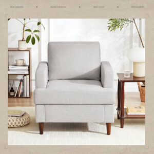 Mid-Century Accent Chair,Modern Linen Fabric Armchair for Living Room,Comfy Upholstered Reading Accent Chairs for Bedroom,Single Sofa Chair with Wood Legs (Light Grey, 1 Pack)