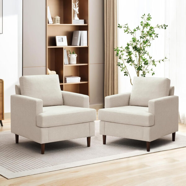 Mid-Century Accent Chair,Modern Linen Fabric Armchair for Living Room,Comfy Upholstered Reading Accent Chairs for Bedroom,Single Sofa Chair with Wood Legs (Light Grey, 1 Pack)