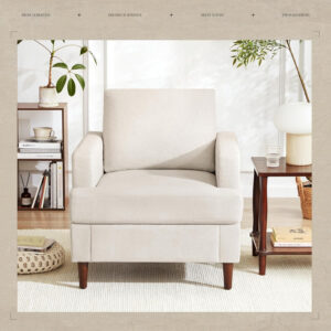 Mid-Century Accent Chair,Modern Linen Fabric Armchair for Living Room,Comfy Upholstered Reading Accent Chairs for Bedroom,Single Sofa Chair with Wood Legs (Light Grey, 1 Pack)