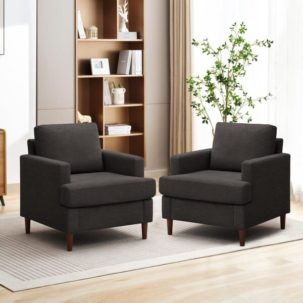 Mid-Century Accent Chair,Modern Linen Fabric Armchair for Living Room,Comfy Upholstered Reading Accent Chairs for Bedroom,Single Sofa Chair with Wood Legs (Light Grey, 1 Pack)