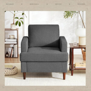Mid-Century Accent Chair,Modern Linen Fabric Armchair for Living Room,Comfy Upholstered Reading Accent Chairs for Bedroom,Single Sofa Chair with Wood Legs (Light Grey, 1 Pack)