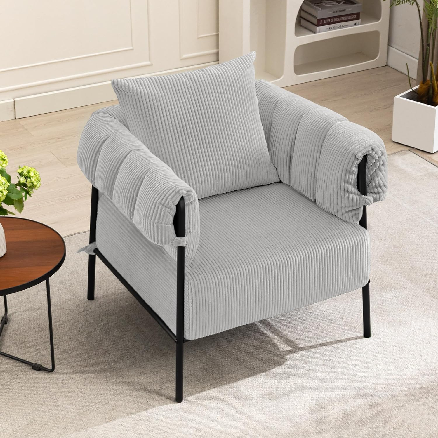 FelixKing Accent Chair Modern, Upholstered Bristle Living Room Chair, Soft Leisure Chair for Bedroom, Comfy Reading Armchair with Pillow, Light Gray