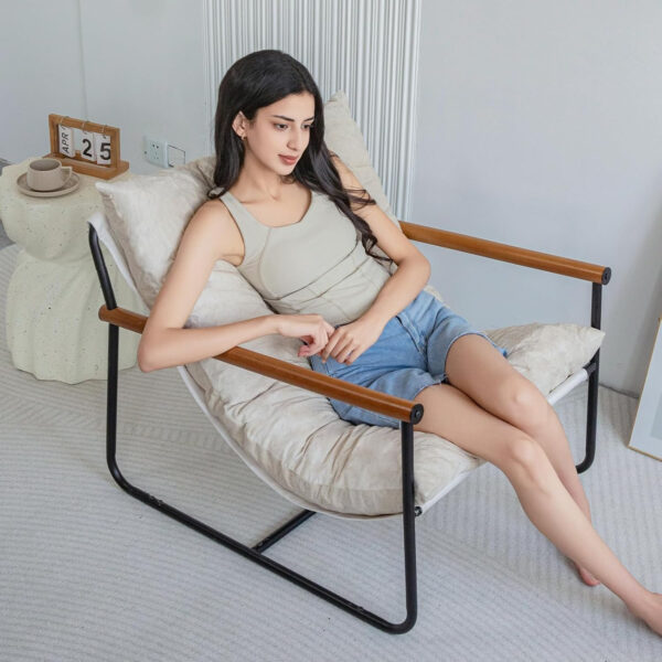 MAXYOYO Accent Chair, Velvet Arm Chair Living Room Chair with Metal Frame, Reading Accent Chair, Modern Bedroom Chair, Boucle Armchair with Wooden Arms, Beige