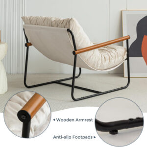 MAXYOYO Accent Chair, Velvet Arm Chair Living Room Chair with Metal Frame, Reading Accent Chair, Modern Bedroom Chair, Boucle Armchair with Wooden Arms, Beige