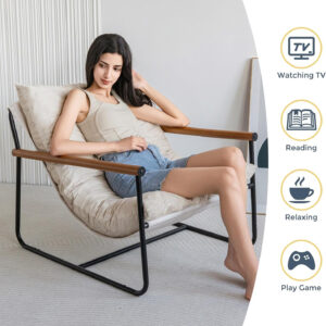 MAXYOYO Accent Chair, Velvet Arm Chair Living Room Chair with Metal Frame, Reading Accent Chair, Modern Bedroom Chair, Boucle Armchair with Wooden Arms, Beige