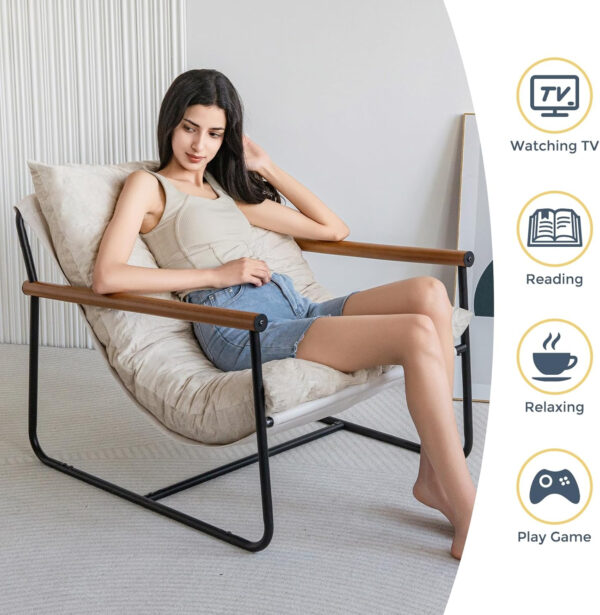 MAXYOYO Accent Chair, Velvet Arm Chair Living Room Chair with Metal Frame, Reading Accent Chair, Modern Bedroom Chair, Boucle Armchair with Wooden Arms, Beige