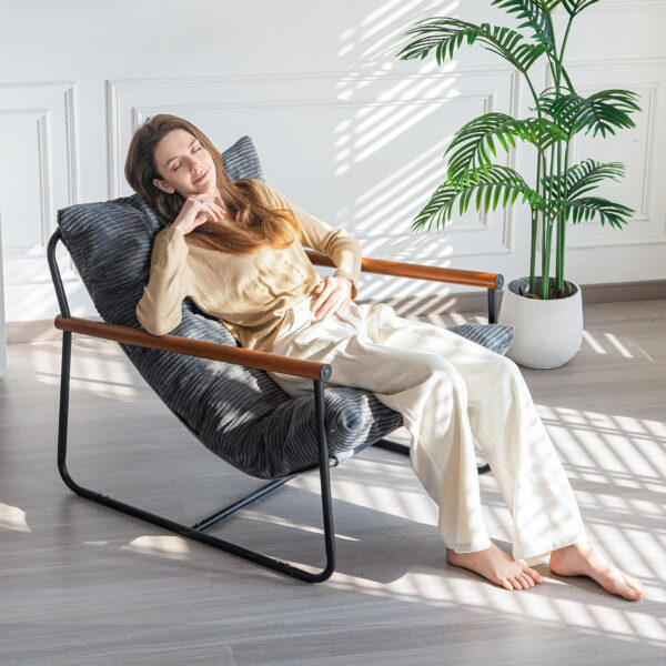 MAXYOYO Modern Accent Chair, Comfy Living Room Chair with Metal Frame Wooden Armrest, Upholstered Armchair with Soft Cushion for Bedroom Balcony Lounge Reading Room, Beige