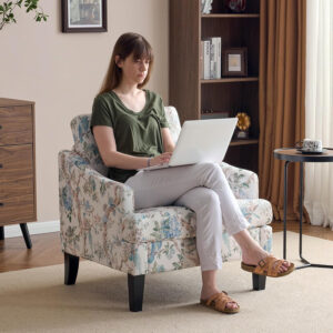 Bezseller Floral Accent Chair, Upholstered Reading Armchair with Wood Legs, Mid-Century Leisure Comfy Single Sofa Chair for Living Room, Bedroom, Home, Office, White Floral