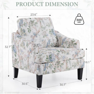 Bezseller Floral Accent Chair, Upholstered Reading Armchair with Wood Legs, Mid-Century Leisure Comfy Single Sofa Chair for Living Room, Bedroom, Home, Office, White Floral