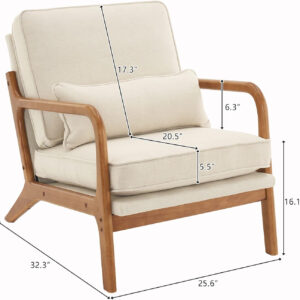 Karl home Accent Chair Mid-Century Modern Chair with Pillow Linen Fabric Upholstered Lounge Arm Chair with Solid Wood Frame & Soft Cushion for Living Room, Bedroom, Balcony, Beige