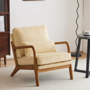Karl home Accent Chair Mid-Century Modern Chair with Pillow Linen Fabric Upholstered Lounge Arm Chair with Solid Wood Frame & Soft Cushion for Living Room, Bedroom, Balcony, Beige